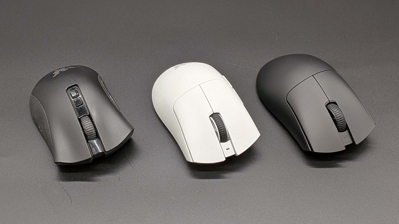 Three generations of Razer DeathAdder Pro gaming mice, from left to right, the V2 Pro, V3 Pro, and V4 Pro