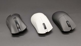 Three generations of Razer DeathAdder Pro gaming mice, from left to right, the V2 Pro, V3 Pro, and V4 Pro
