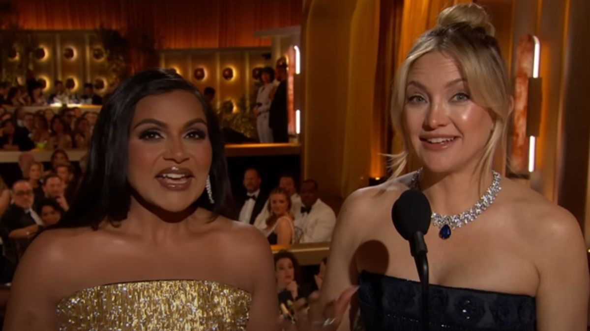 From left to right: Mindy Kaling talking and Kate Hudson smiling while presenting at The Golden Globes.