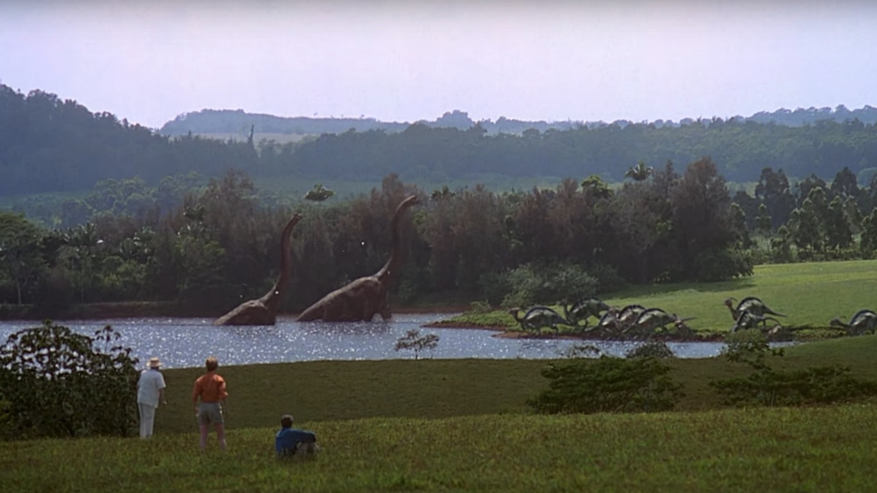 John Hammond, Ellie Sattler and Alan Grant watching dinosaurs in Jurassic Park