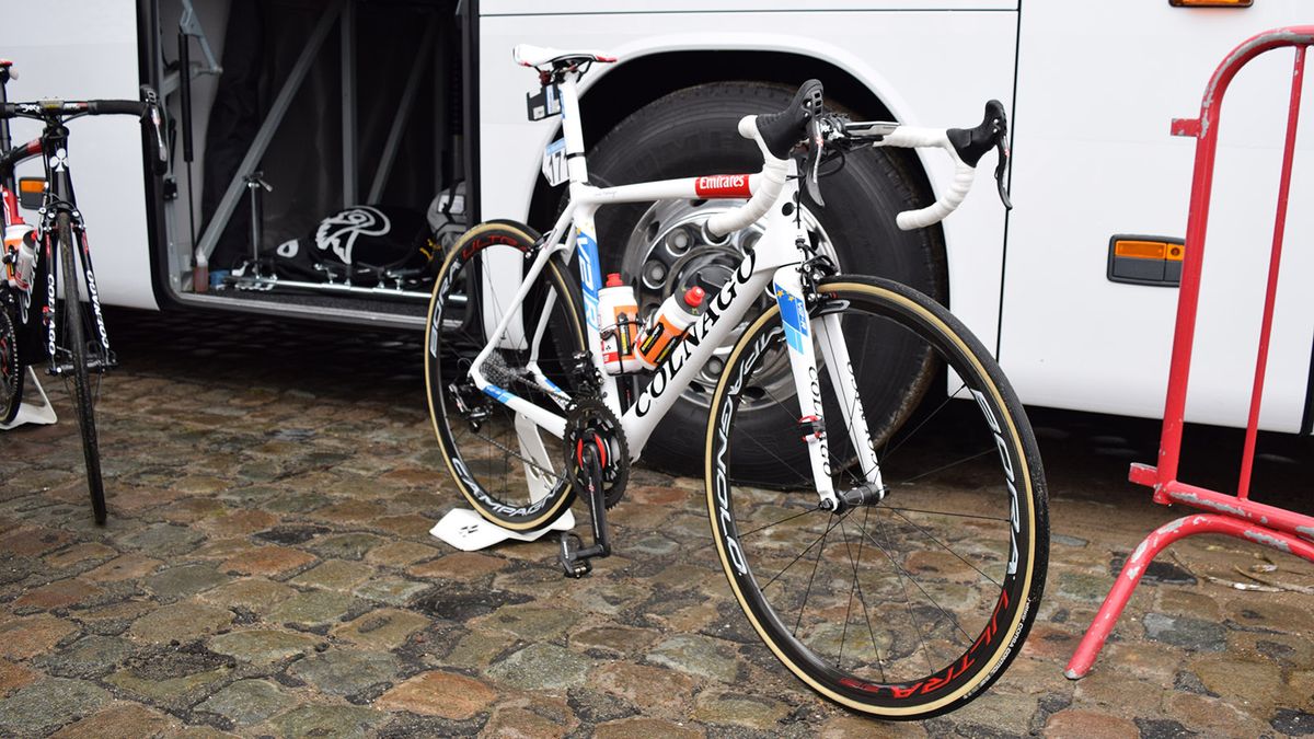 Alexander Kristoff's (UAE Team Emirates) Colnago V2-R in European champion colours for the 2018 Tour of Flanders