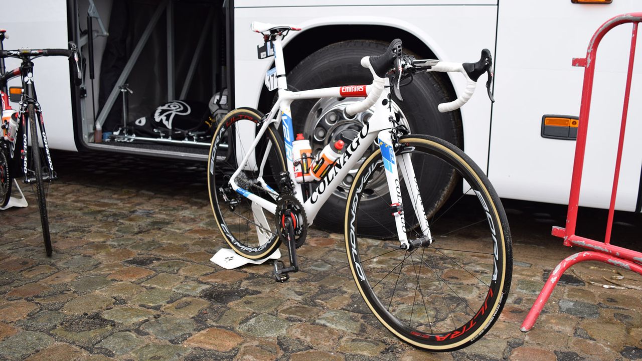Alexander Kristoff's (UAE Team Emirates) Colnago V2-R in European champion colours for the 2018 Tour of Flanders