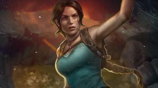 Lara Croft steps out of a tomb, blazing torch in hand