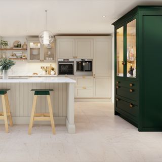 stone colour kitchen with green glass cabinet