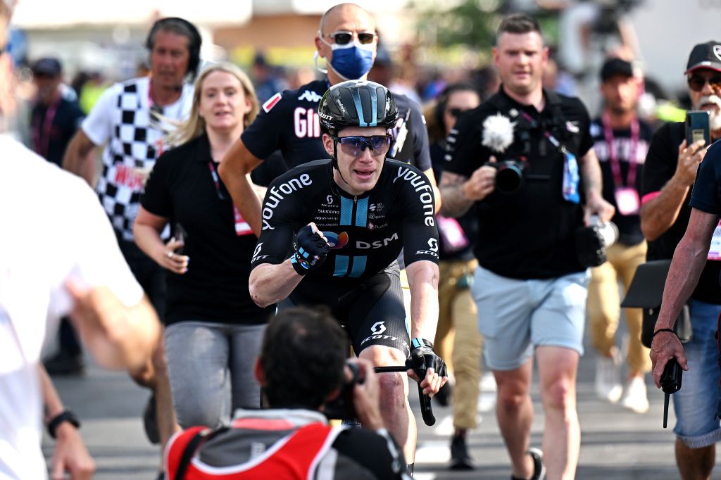 CAORLE ITALY MAY 24 Alberto Dainese of Italy and Team DSM celebrates at finish line as stage winner during the the 106th Giro dItalia 2023 Stage 17 a 197km stage from Pergine Valsugana to Caorle UCIWT on May 24 2023 in Caorle Italy Photo by Stuart FranklinGetty Images