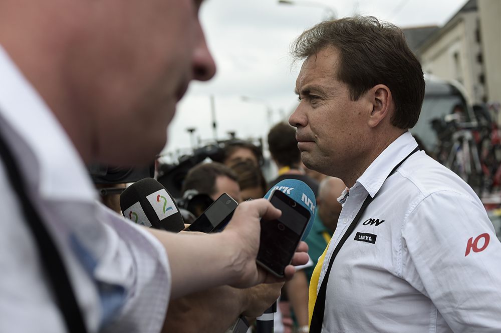 Russia's Katusha cycling team general manager Viacheslav Ekimov speaks to journalists about Luca Paolini's failed a doping test at the Tour de France