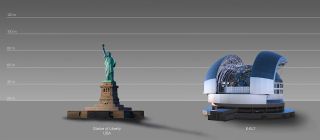 This artist's impression compares the ELT (right) to the Statue of Liberty (left) in New York, USA. The design for the ELT shown here was published in 2016.