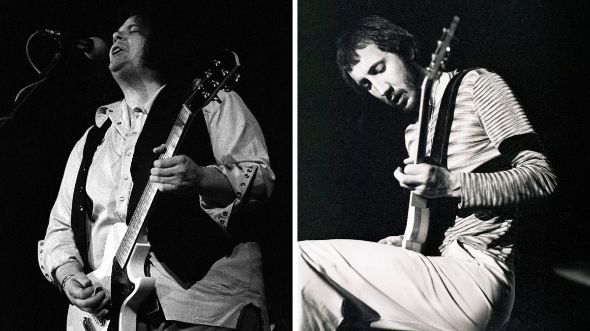 Left-Leslie West of West, Bruce And Laing performing on stage at City Hall, Newcastle-upon-Tyne, United Kingdom, 24 April 1973; Right-Pete Townshend of The Who performs on stage at a concert at Ahoy in Rotterdam, Netherlands on October 27 1975