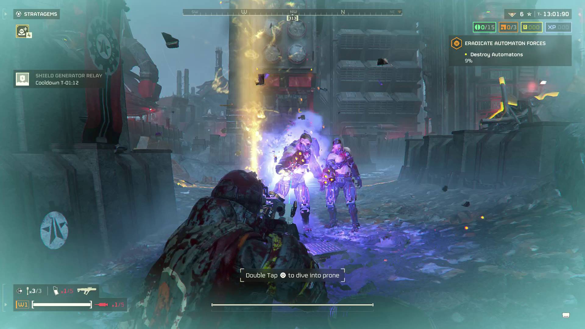 Helldivers 2 helldiver lying down shooting cyborg radicals with the Scorcher