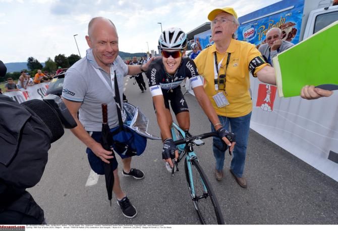 Matteo Trentin chaperoned after claiming the win