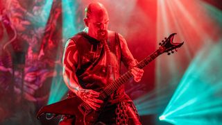 Kerry King of Slayer plays his new Dean signature guitar as they perform their final tour, "The Final Campaign, The Last Leg" at Madison Square Garden on November 09, 2019 in New York City.