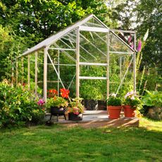 greenhouse in yard surrounded by flowers and lawn