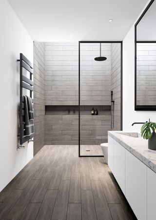 grey, black and white shower room with double sink