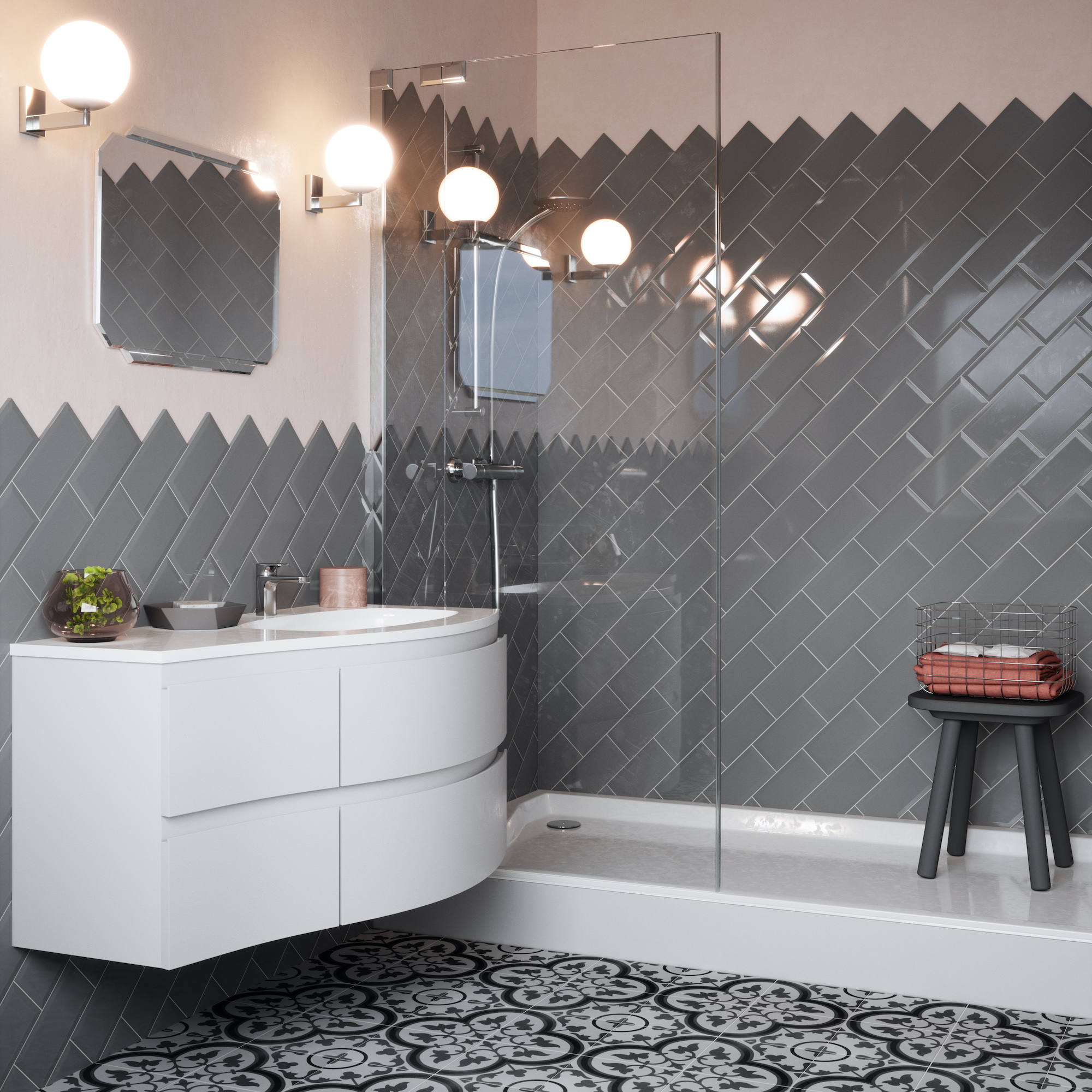 grey tiles in shower room with white wall hung vanity