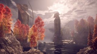 Dragon Age: The Veilguard ASMR thumbnail - image of two giant statues in the Arlathan Forest