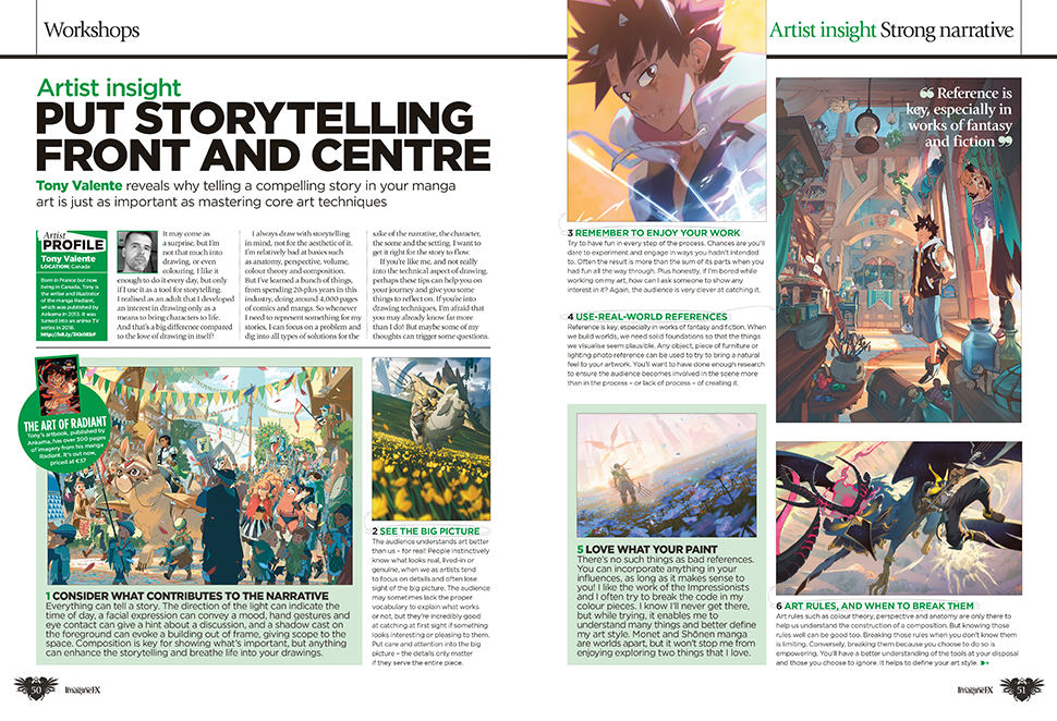 Spread from issue 259 of ImagineFX magazine, giving a small preview of the contents.
