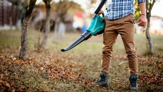 Man using a leaf blower on grass in autumn weather.