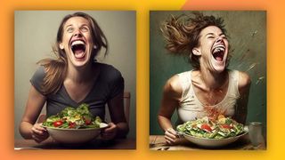 AI images depicting women laughing with salad