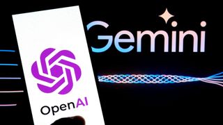 An Open AI logo seen displayed on a smartphone with Gemini AI logo in the background.