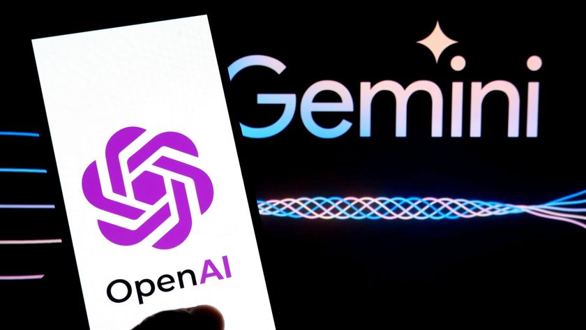 An Open AI logo seen displayed on a smartphone with Gemini AI logo in the background.