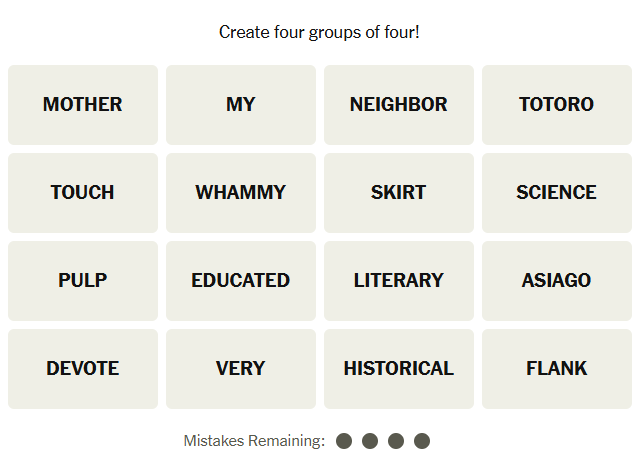 The Unsolved NYT Connections grid for April 23, 2026