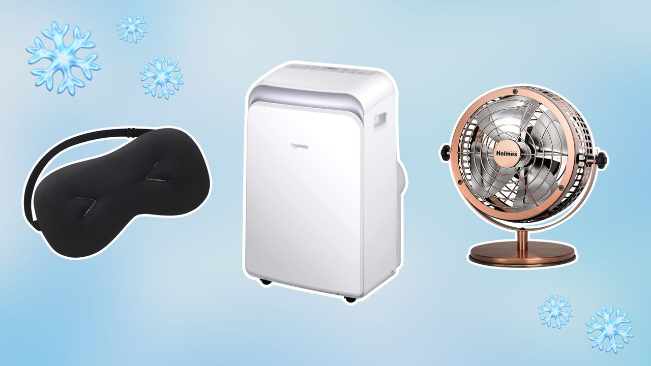 Eye mask, portable air conditioner, and copper fan on blue background