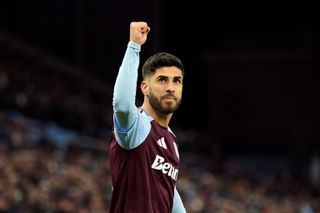 Marco Asensio celebrates with a raised fist after scoring the first goal for Aston Villa during the UEFA Champions League last 16 second leg match against Club Brugge at Villa Park in Birmingham, England on 12 March, 2025.