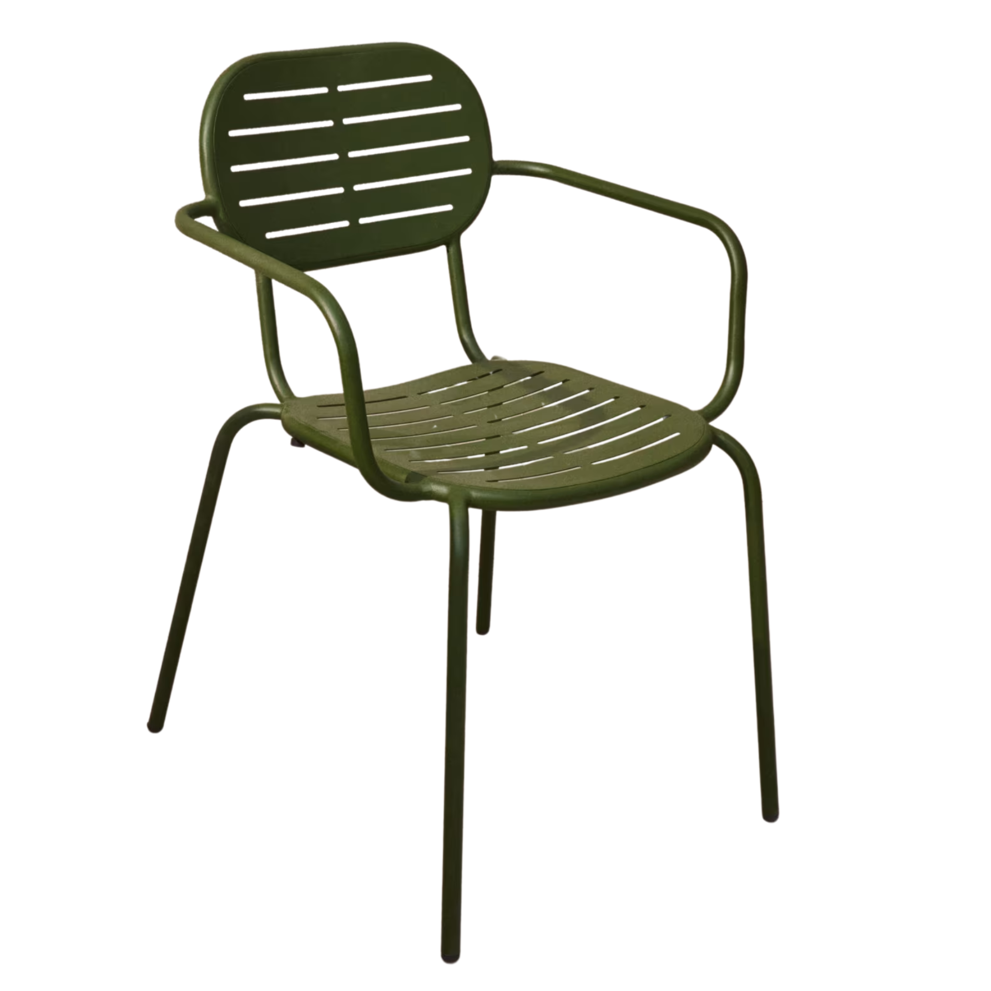 a green garden chair with a slotted seat and back, and metal arms and legs