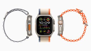 A promo picture of the Apple Watch Ultra 2 showing the screen and wristband.