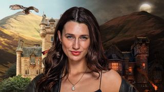 Ellen from The Traitors season 3 looking glamorous against a cgi castle background