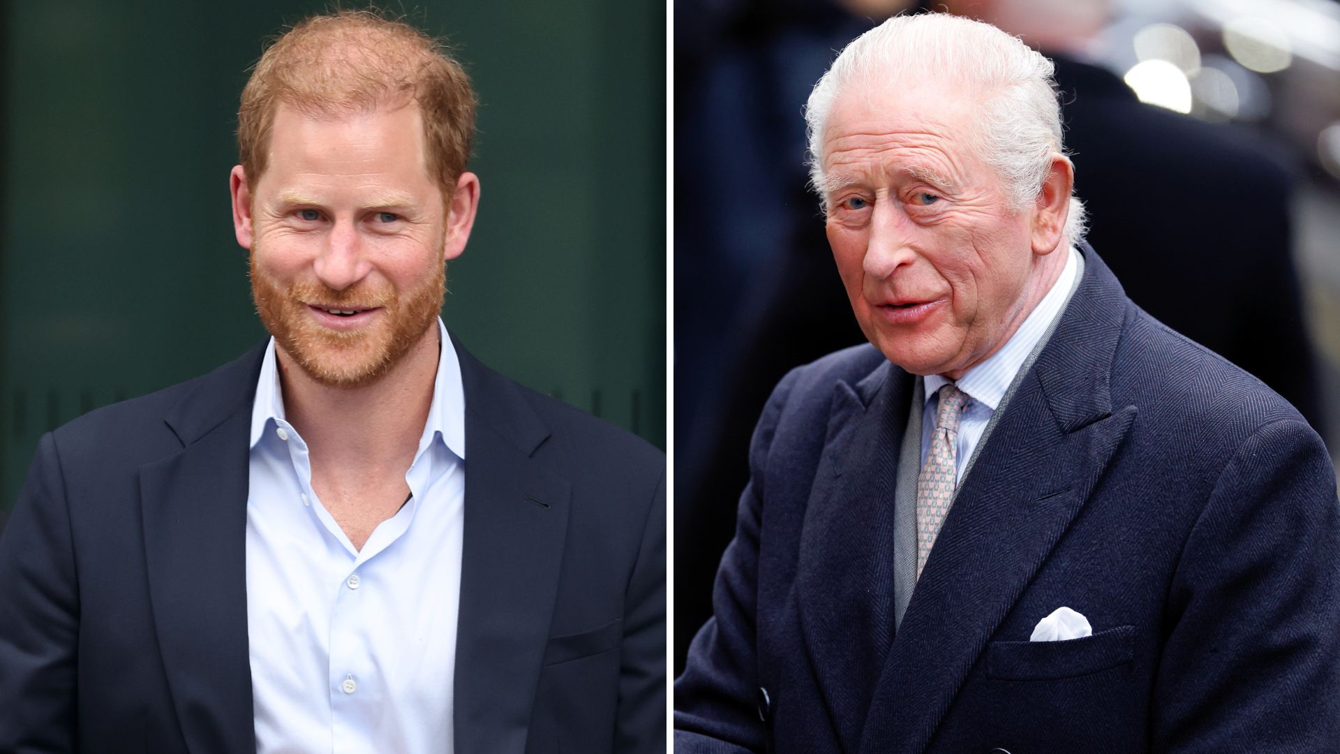 A composite of a picture of Prince Harry and a picture of King Charles in 2026
