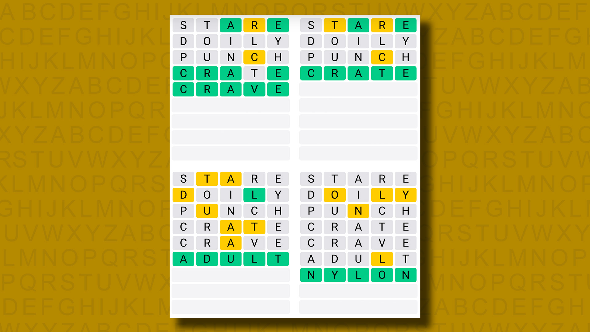 Quordle answers for game 865 on a yellow background