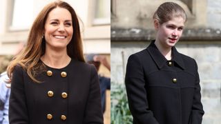 Kate Middleton and Lady Louise Windsor wearing black coats with statement gold buttons
