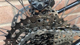 Close up of cassette of Shimano Deore Linkglide groupset on bike
