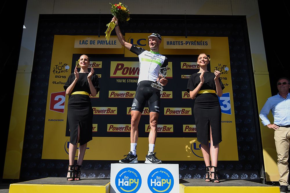 Steve Cummings (Dimension Data) on the podium as stage 7 winner