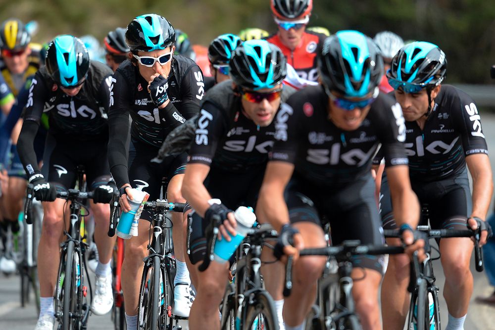 Geraint Thomas (2ndL) rides with his team on the third day of the 97th Volta Catalunya