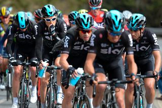 Geraint Thomas (2ndL) rides with his team on the third day of the 97th Volta Catalunya