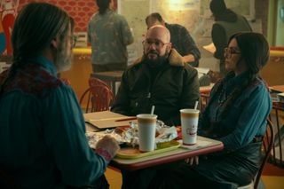 Megan Mullally as Dr. Jean Thibedeau, David Cross as Sy Grossman, Nick Offerman as Dr. Gene Thibedeau in episode 404 of The Umbrella Academy.