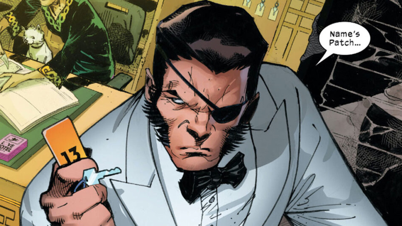 A screenshot of a comic book panel showing Wolverine's alter-ego Patch with a hotel key