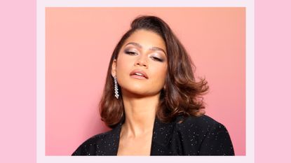 Zendaya bob: Zendaya pictured with a side parting, with her bob hair in loose waves and wearing a glittery black blazer as she attends the Bulgari Hotel Roma opening event at Bulgari Hotel Rome on June 08, 2023 in Rome, Italy/ in a pink template