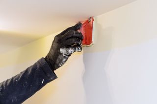 A person using a paint edger along the top of a wall