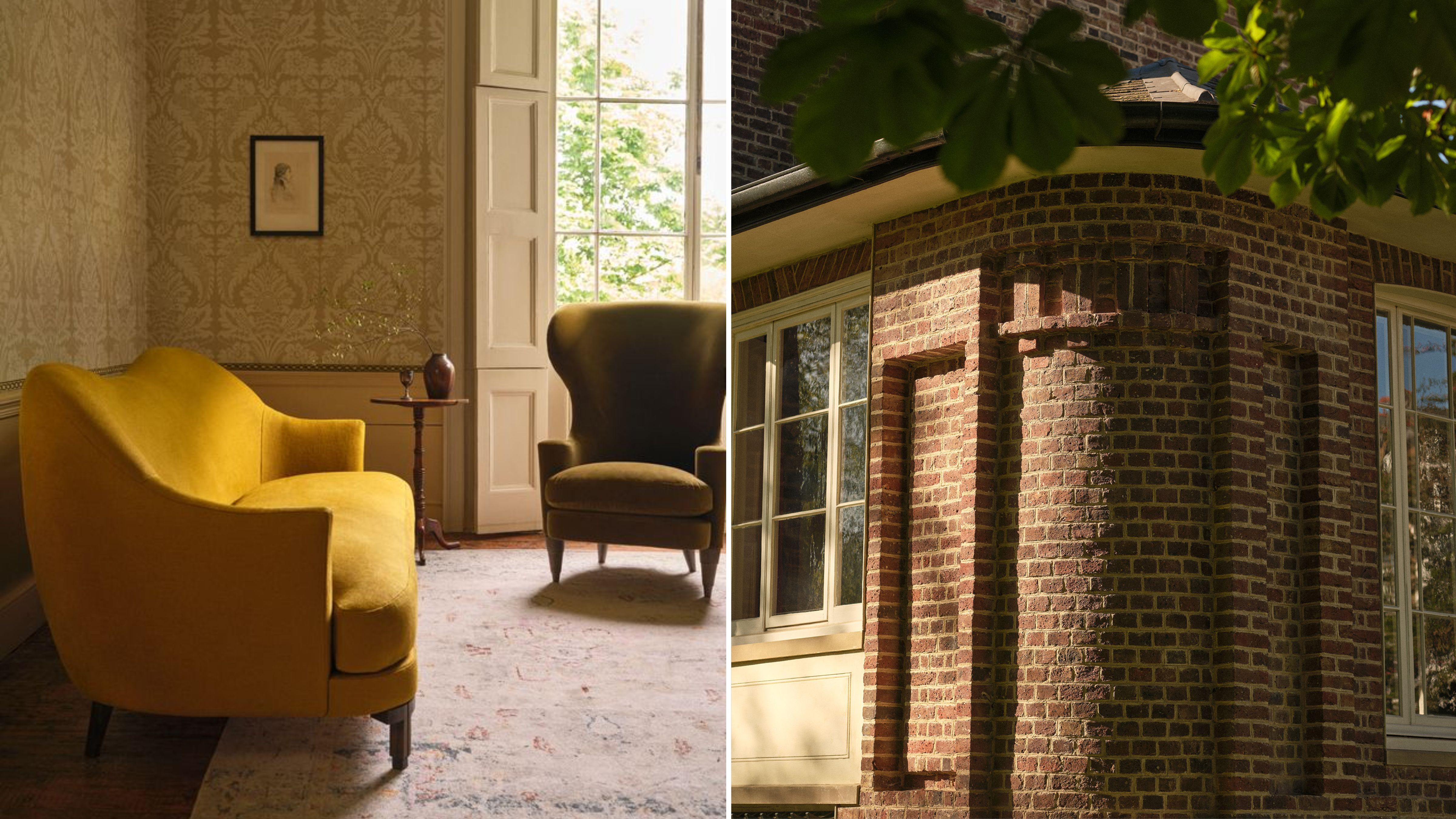 Love Your Home x Turner's House sofa pictured side-by-side the brick Sandycombe Lodge exterior that inspired it