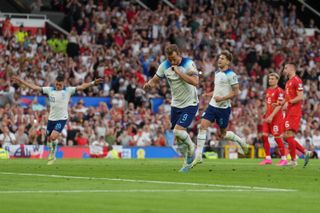 Manchester, UK. 19th June, 2023. GOAL - Harry Kane (9) of England celebrates after he scores his second goal (penalty) to make the score 7-0 during the UEFA Euro Group C Qualifiers match between England and North Macedonia at Old Trafford, Manchester, England on 19 June 2023. Photo by David Horn. Credit: PRiME Media Images/Alamy Live News