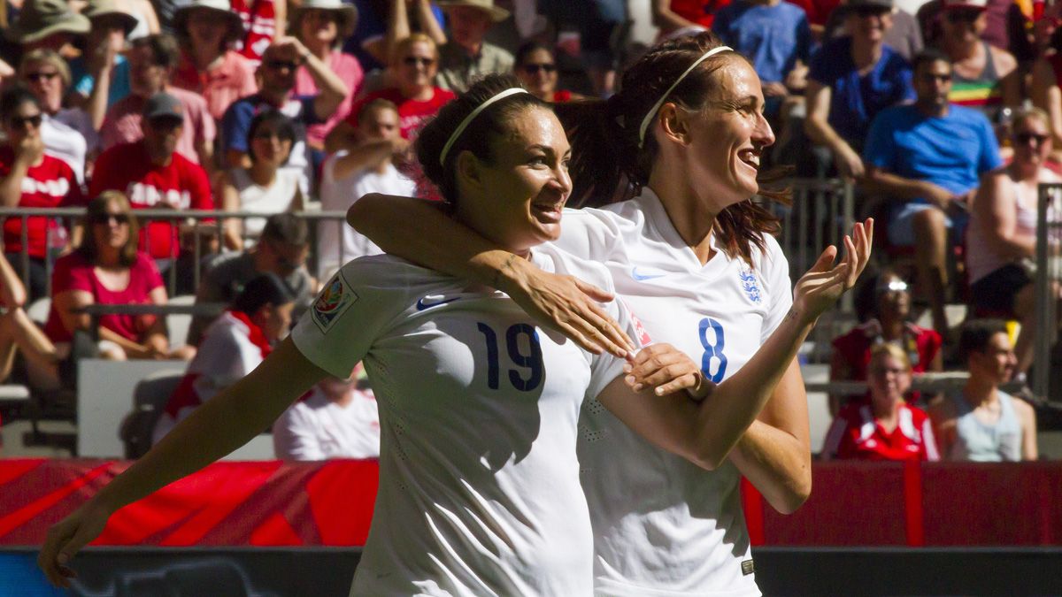 VANCOUVER, BC - JUNE 27: Jodie Taylor #19 of England celebrates her goal against Canada with teammate Jill Scott #8 during the FIFA Women&amp;#039;s World Cup Canada 2015 Quarter Final match between t