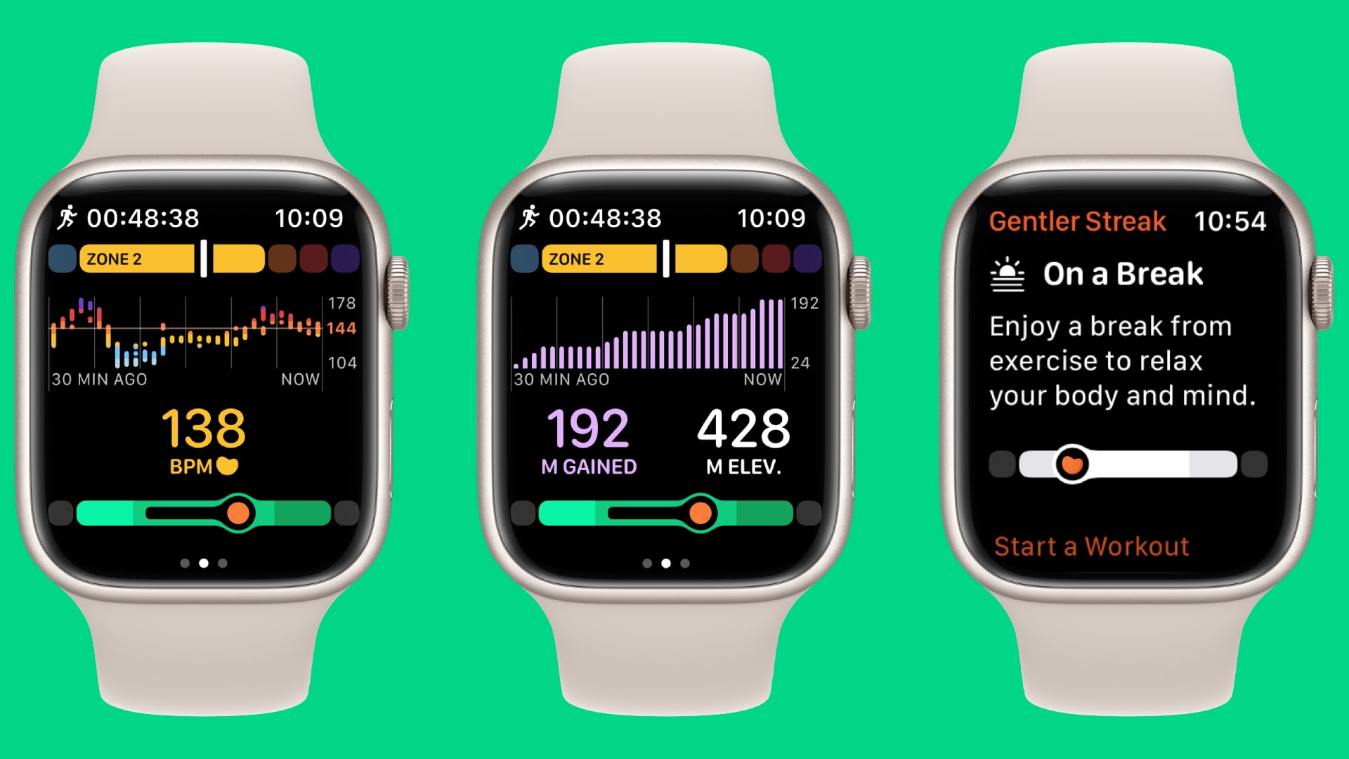 Three Apple Watches side by side with the Gentler Streak app running on each of them.