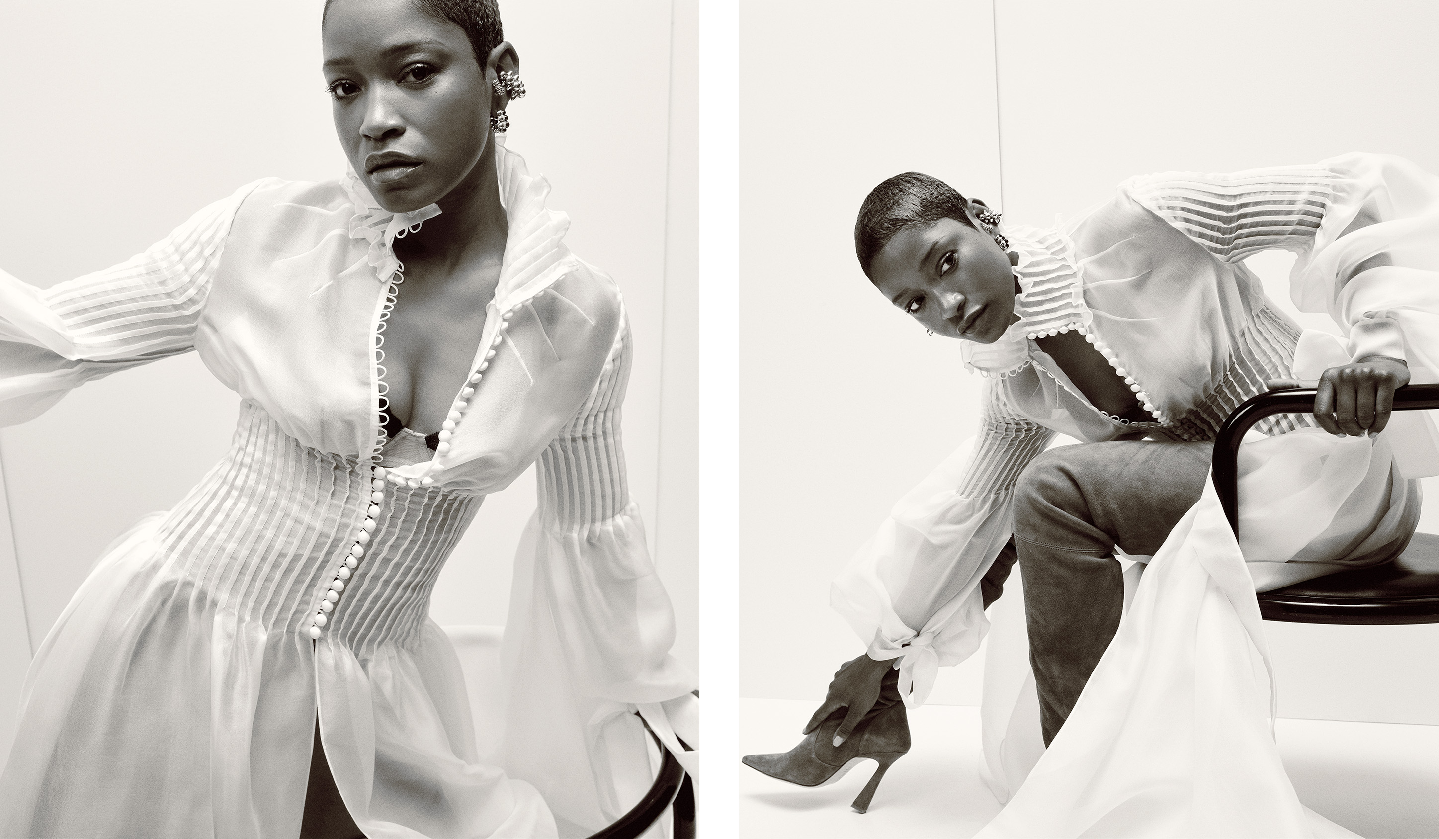 two side by side shots of Keke Palmer wearing a flowy white dress over jeans and heels