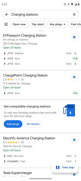 A snapshot of a list of available charging station using the new filter in Google Maps.