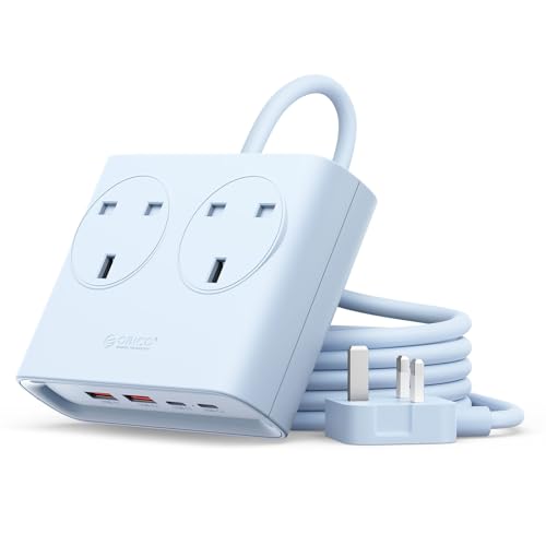 Orico Pd 20w Extension Lead With Usb Slots, 2 Way Extension Socket With 2 Usb C and 2 Usb A, 1.6m Extension Cable, 13a 3250w Desk Power Strip for Bedroom Office Accessories-Blue