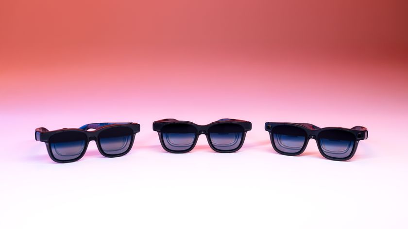 Three pairs of Viture Luma smart glasses in black next to each other