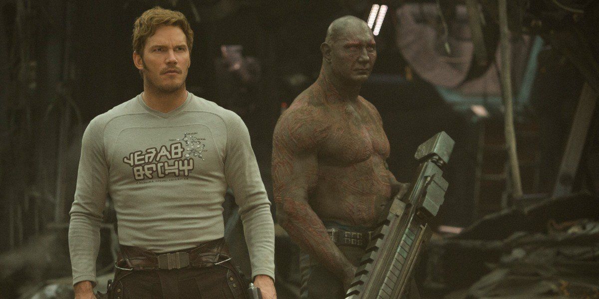 Starlord and Drax surveying the area after hearing a noise in Guardians of the Galaxy Vol. 2